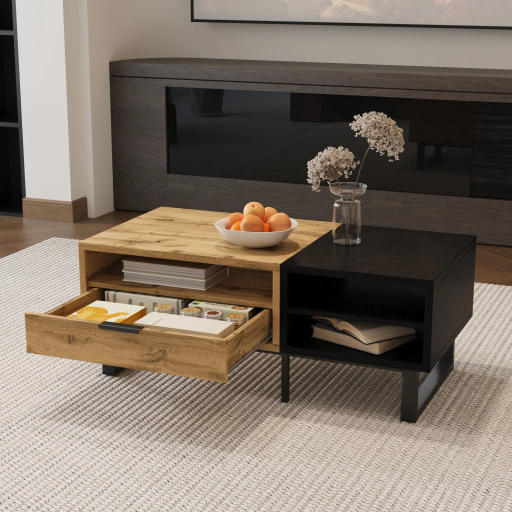 Tavolino da Caffè con 1 Cassetto e 3 Vani Aperti; Gambe in Metallo; Stile Industriale; in Pannello Truciolare; Naturale; 100×50×40 cm
