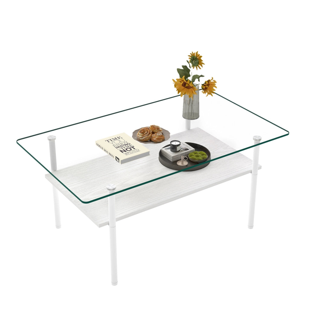 Tavolino basso con piano in vetro temperato e ripiano in MDF, struttura in metallo bianco per soggiorno, 98 × 58 × 45 cm