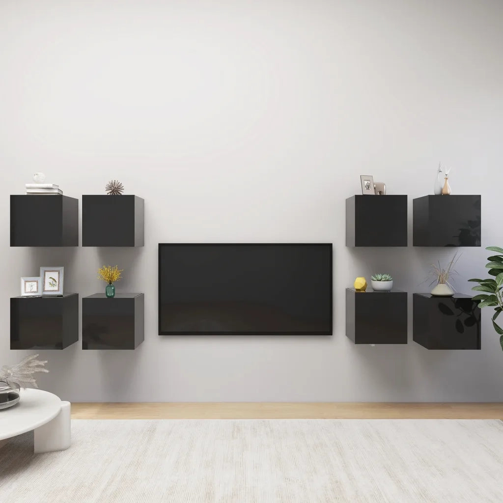 Mobili Porta TV a Parete 8 pz Nero Lucido 30,5x30x30 cm