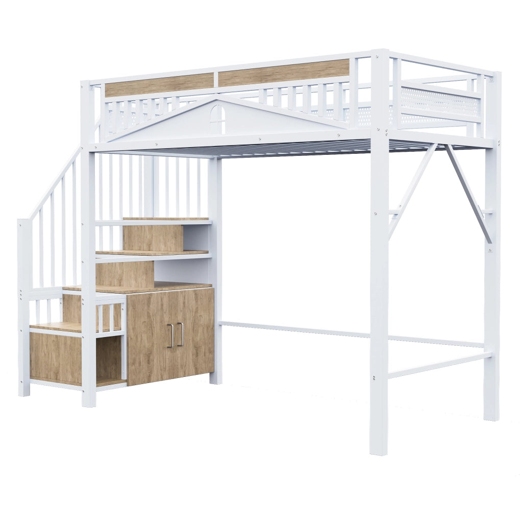Letto a soppalco 90x200 cm con scala contenitore e finestra di sicurezza bianco