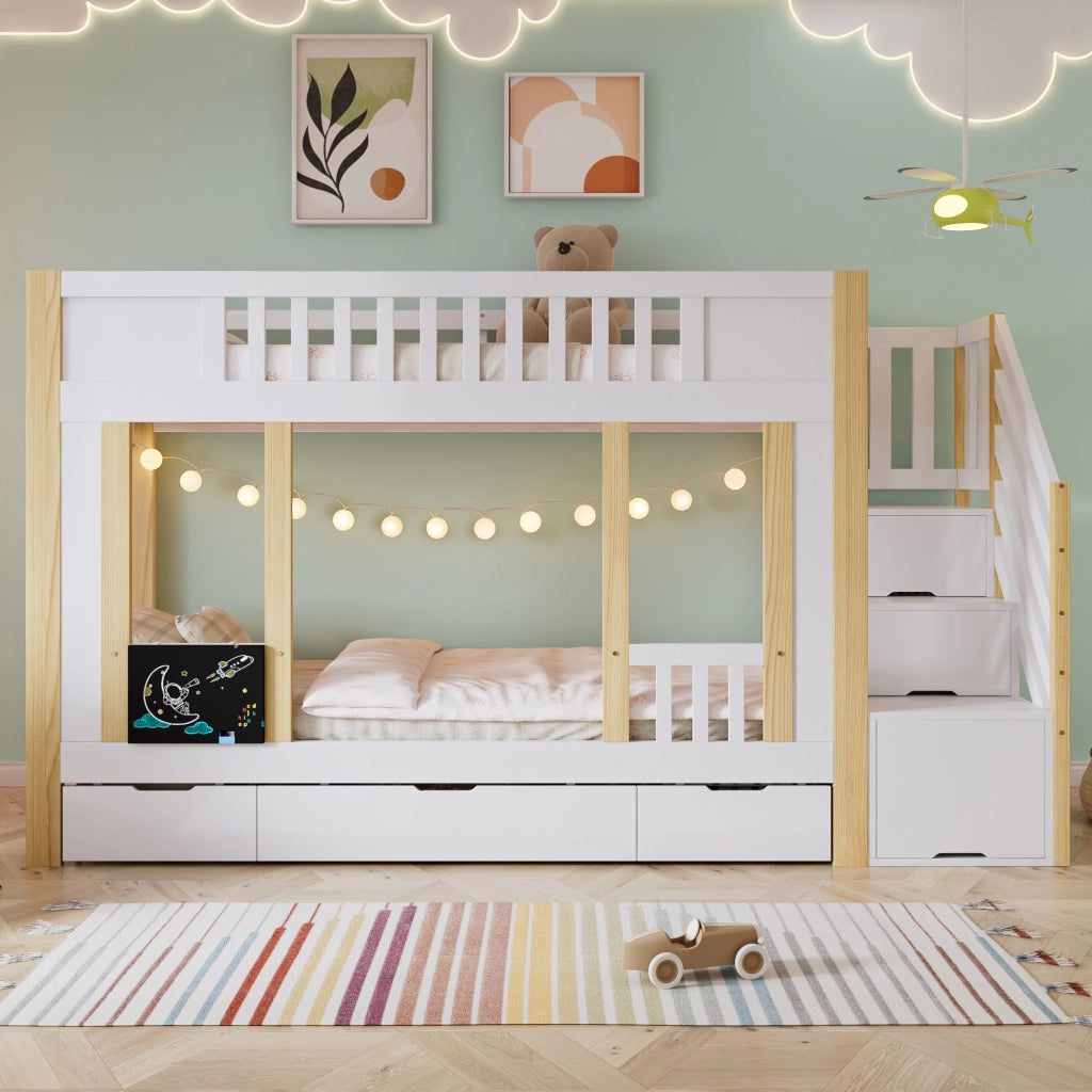 OKWISH Letto a Castello 90×200 cm, Letto Singolo con Scala Contenitore, 3 Cassetti e Lavagna, senza Materasso, Bianco Naturale