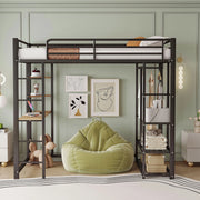 Letto a soppalco singolo 90x200 cm in metallo nero con scrivania; armadietto e scala