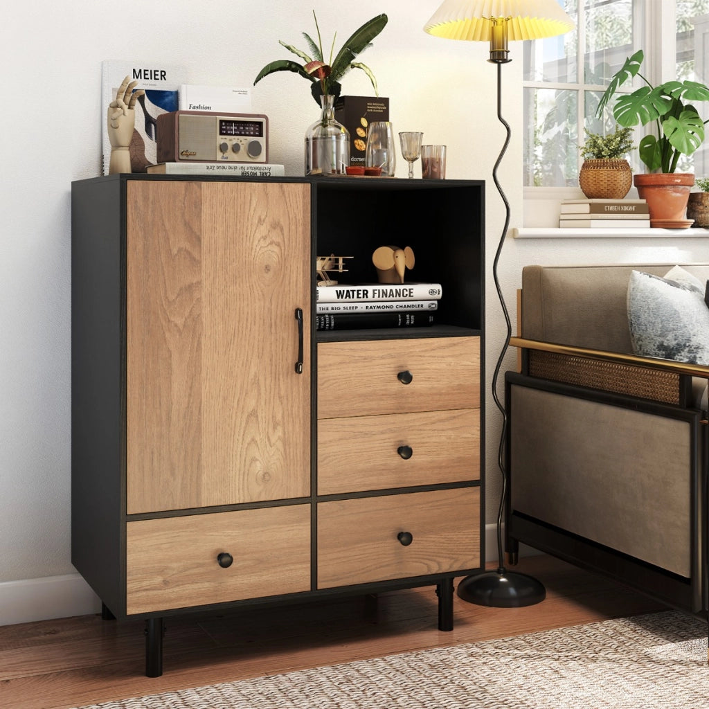 Mobile contenitore moderno met¨¤ secolo con 4 cassetti e scomparto aperto-Buffet sideboard in metallo robuste per soggiorno Naturale