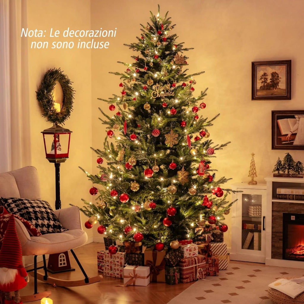 Albero di Natale Artificiale 135/180/210/240 CM, Albero di Natale con 160/240/340/450 Luci LED Bianche Calde, 442/778/1090/1480 Punte di Rami e Foglie Miste in PE & PVC (240 CM)
