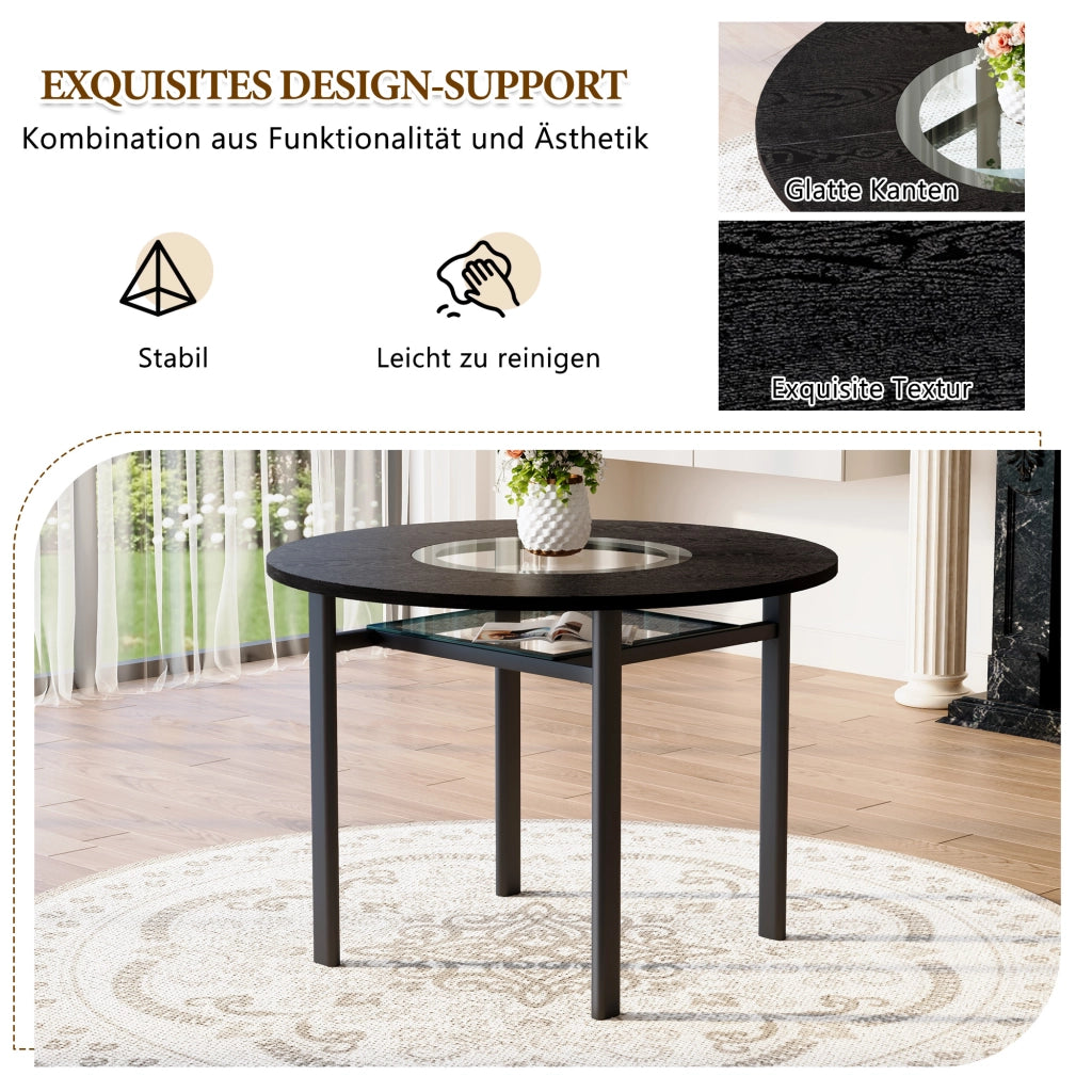 Tavolo da pranzo rotondo con piano in MDF e vetro, 2 sedie in PU, per soggiorno e sala da pranzo, nero, 100 cm