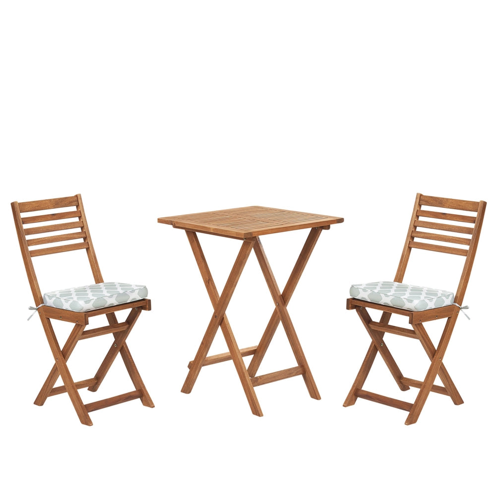 Set da bistrot 3 pezzi in legno massello di acacia chiaro cuscini verde menta pieghevole a doghe design scandinavo moderno