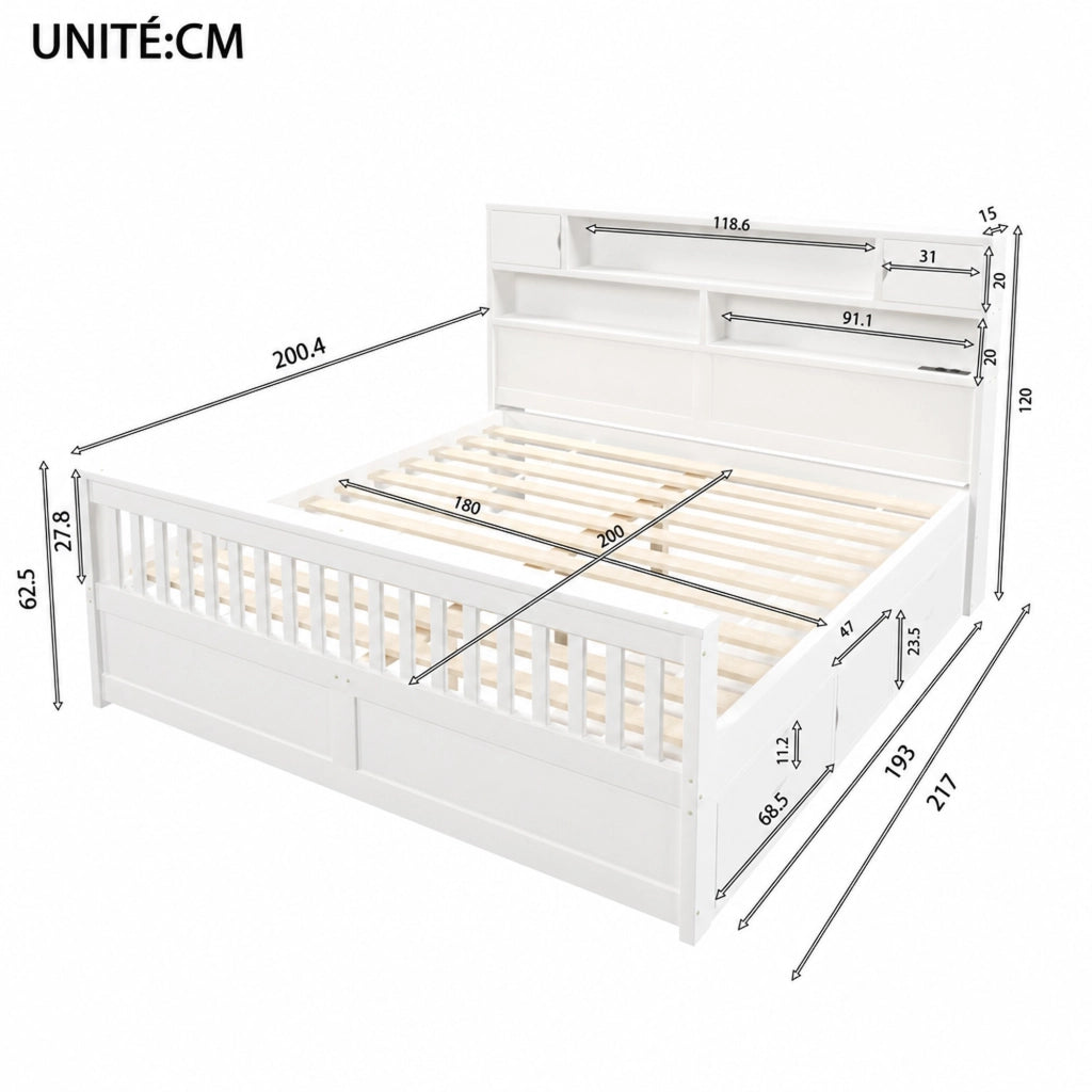 DESMIU Letto matrimoniale 180 × 200 cm con 4 cassetti, LED, USB e ripiani, senza materasso, bianco