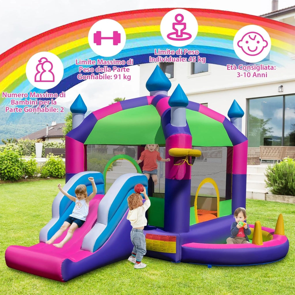 Castello Gonfiabile con Tettuccio, Casa Gonfiabile con Scivolo, Trampolino e Canestro da Basket, per 2 Bambini di 3-10 Anni, 385 x 332,5 x 300 cm