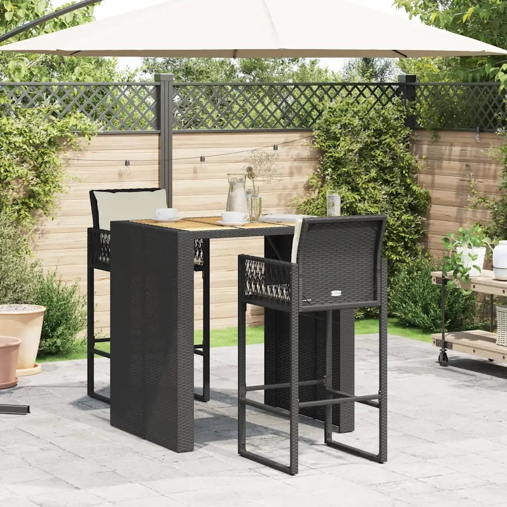 Set Bar da Giardino 3 pz con Cuscini Nero in Polyrattan Acacia 3328895