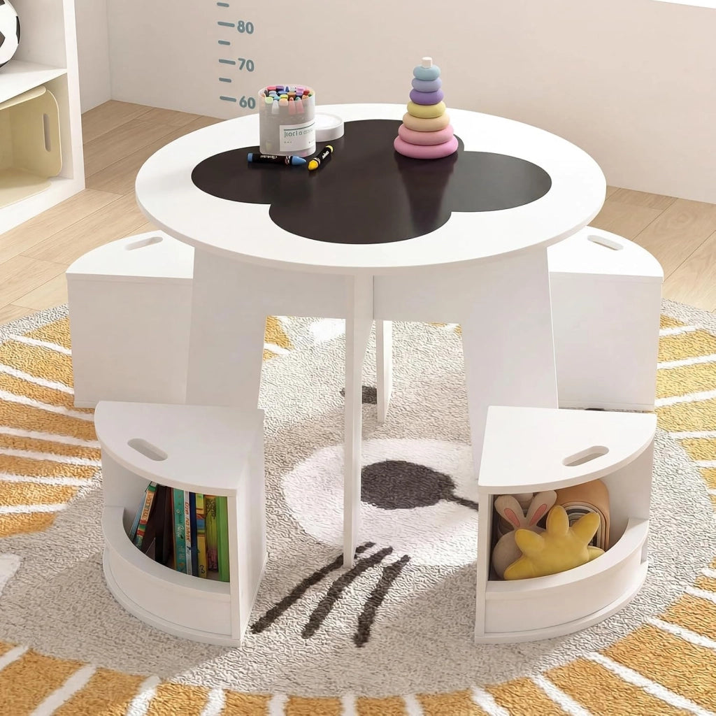 2 in 1 Set Tavolo Rotondo e 4 Sedie per Bambini 3+ Anni (Bianco) | Set Tavolo in Legno Salvaspazio e Sedie con Portaoggetti per Cameretta Ragazzi e Scuola