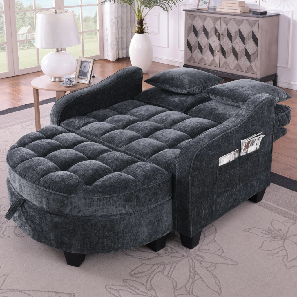Divano letto 2 posti con vano contenitore e chaise longue per spazi piccoli, in Eucalipto, Nero