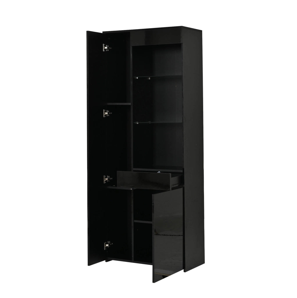 Vetrina alta 70x35x180 cm in truciolare nero con LED; 2 ante; cassetto e vetro temperato
