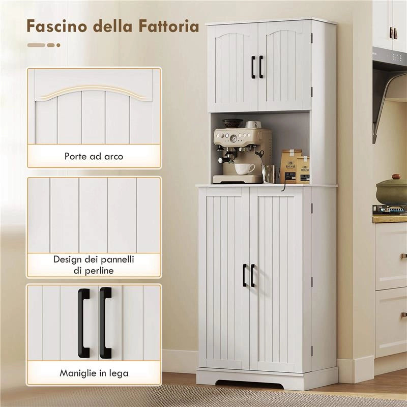 CREDENZA DA CUCINA ALTA STILE COUNTRY, 2 ARMADIETTI E 8 PORTASPEZIE, 60X40X181.5 CM, BIANCO