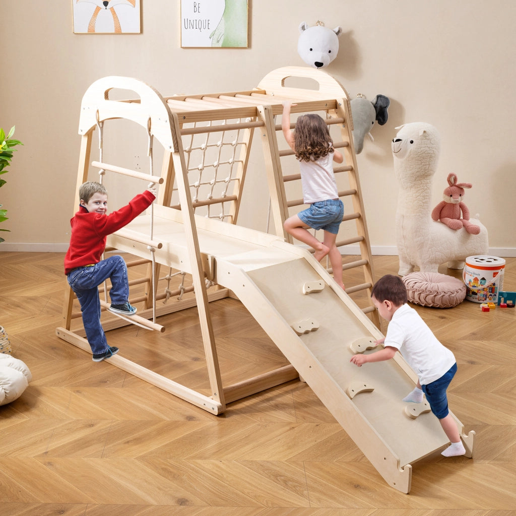 Set da arrampicata in legno con scivolo barra delle scimmie scala a corda-Palestra per bambini 8 in 1 con piattaforma Naturale