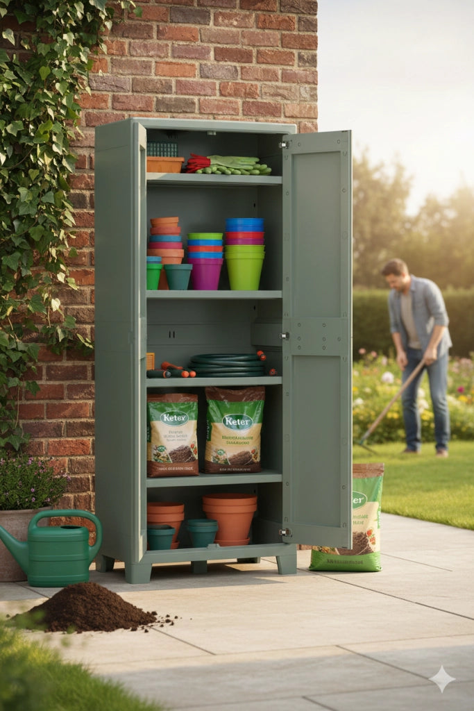 Armadio da Giardino 4 Ripiani 80x44x182 cm Keter Planet Outdoor Alto Grigio e Verde