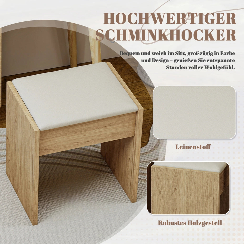 Toeletta con sgabello, completa di specchio, 5 cassetti, spazio portaoggetti, finitura effetto legno, colore legno naturale