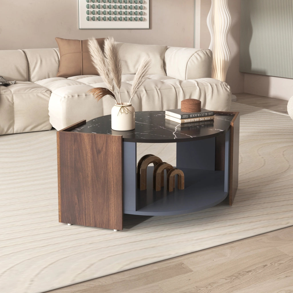 OKWISH Tavolino da Salotto Rettangolare con Vano Contenitore, Effetto Marmo Nero e Noce, Nero, 96.5×63×40 cm