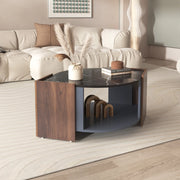 OKWISH Tavolino da Salotto Rettangolare con Vano Contenitore, Effetto Marmo Nero e Noce, Nero, 96.5×63×40 cm