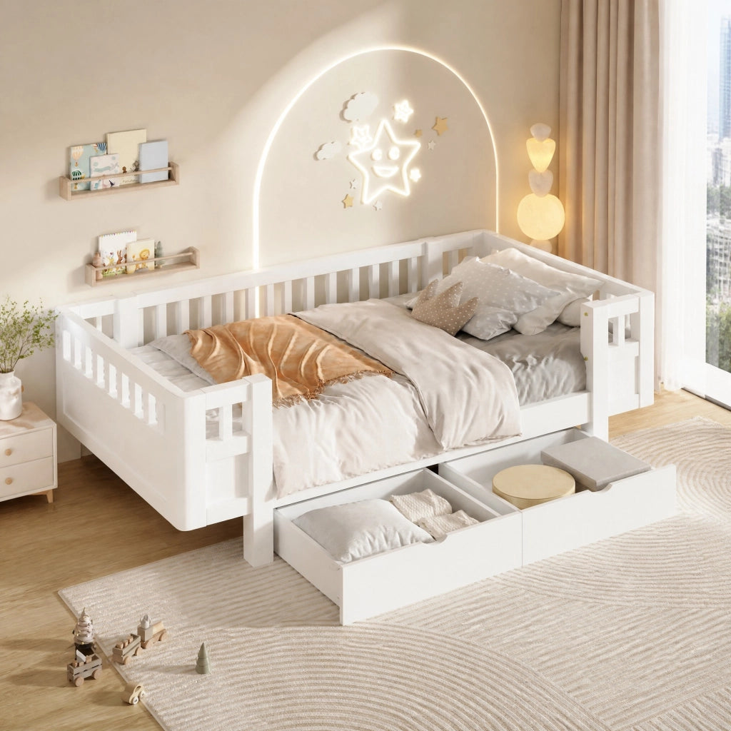 Letto a piattaforma 90 x 200 cm con sponda protettiva e due cassetti, in legno massiccio e MDF bianco per bambini