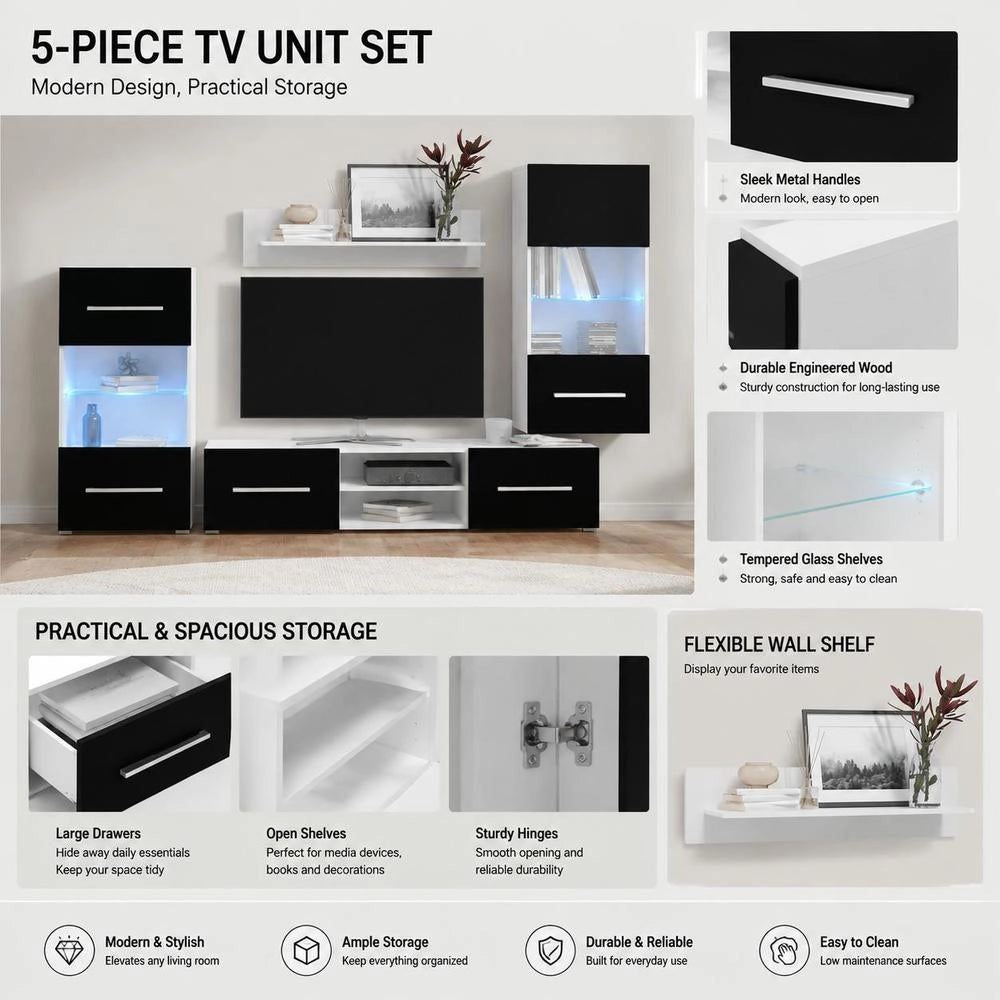 Five-piece Wall Unit TV Cabinet With LED Lighting Black