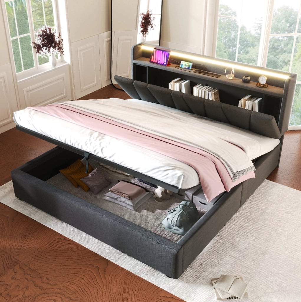 Letto matrimoniale imbottito 160x200 cm con contenitore; testiera con prese USB e LED RGBW; grigio