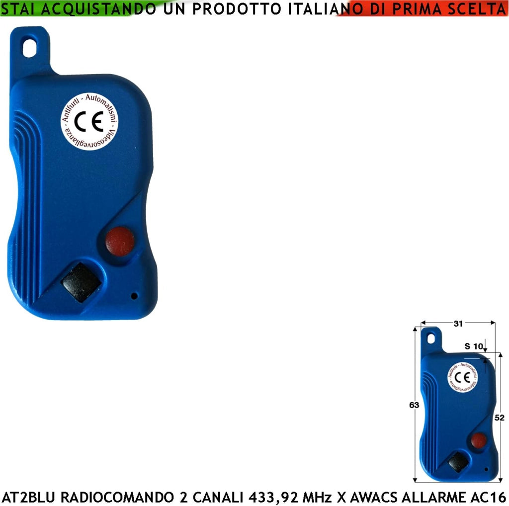 Telecomando AT2 blu Trasmette Frequenza 433,92 MHz 2 Canali Pulsante Nero e Rosso Codici Univoci Comando e Gestione Della Centrale di Allarme Awacs AC16 CR2032