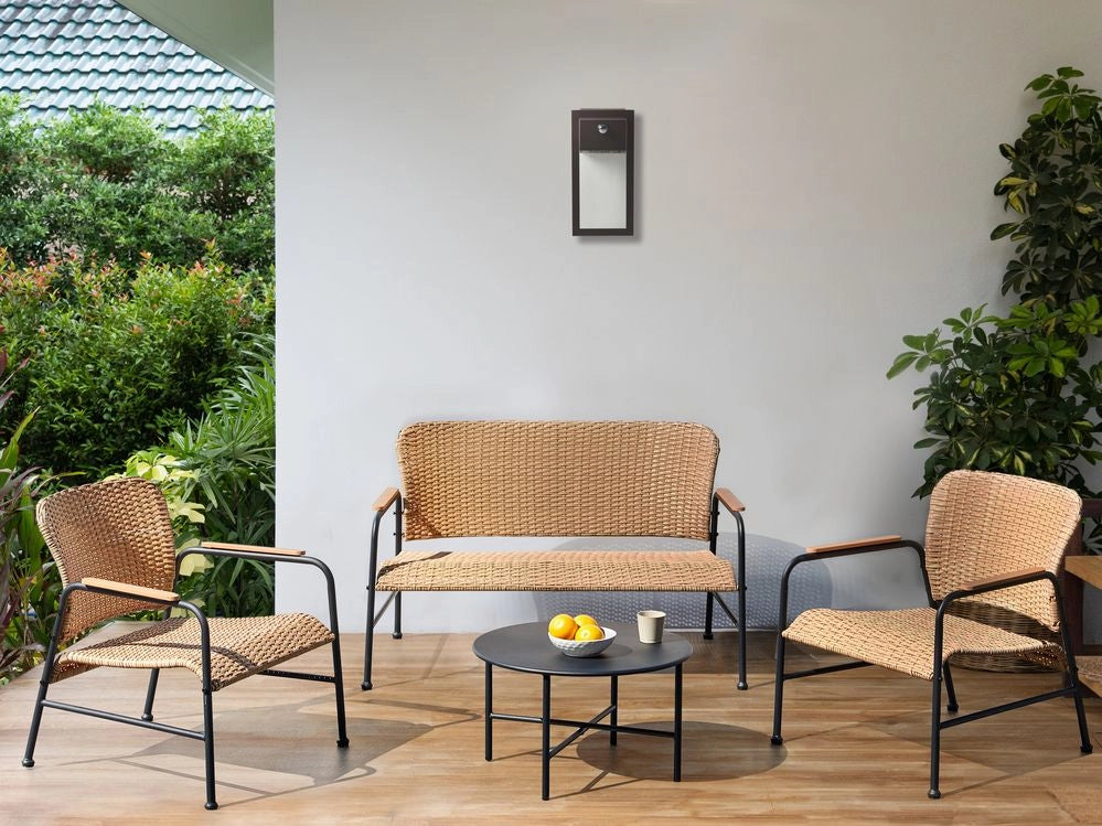 Set di divani da giardino a 4 posti in rattan naturale PE Telaio in acciaio Gambe nere 2 posti a sedere 2 poltrone Tavolino da caffè