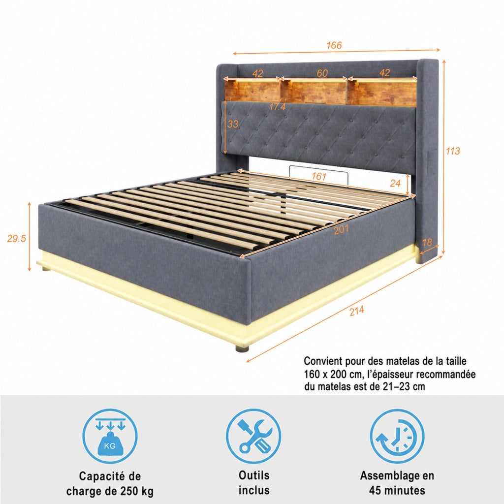 DESMIU Letto con contenitore 160 × 200 cm 2 posti con LED, USB e vano idraulico, senza materasso, grigio