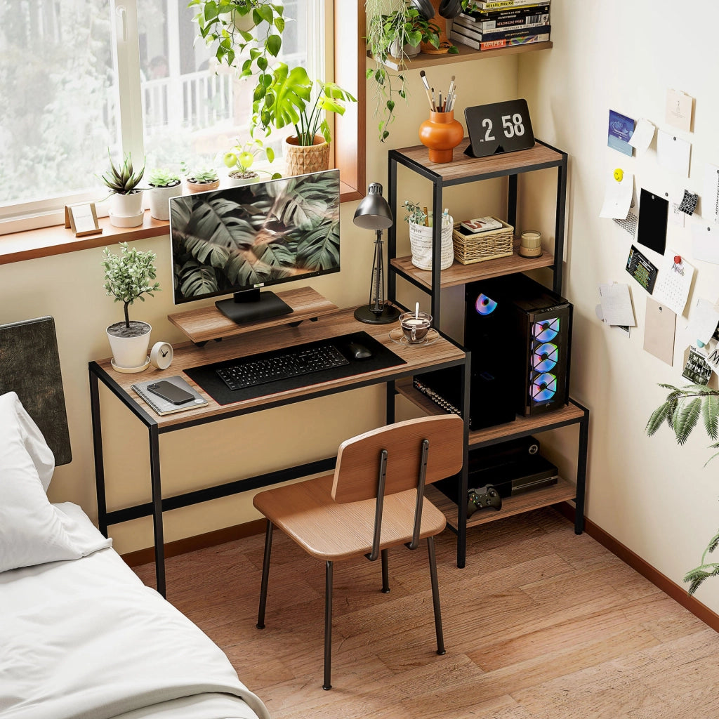 Scrivania PC con rialzo monitor e 4 ripiani, 150x48 cm, marrone