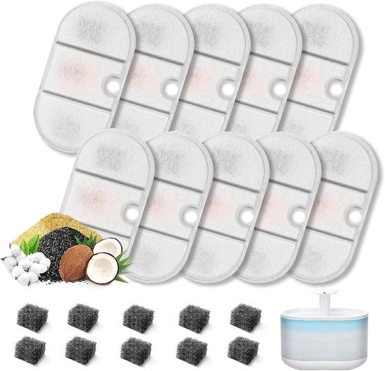 Filtro per fonte per gatti - 10 set filtri per fonte per gatti da 2,1 l, 10 pezzi filtri a carbone attivo e 10 pezzi filtri schiuma per fonte per gatti da 2,1 litri filtri di sostituzione con resina e carbone attivo
