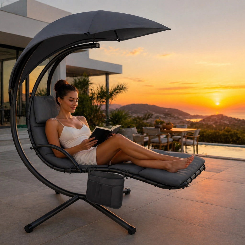 Sdraio A Sospensione Con Ombrellone Grigio E Cuscino Ergonomico Amaca Da Giardino In Poliestere Resistente Per Arredamento Esterno Terrazzo Bordo Piscina Formato 195x132x197 Cm