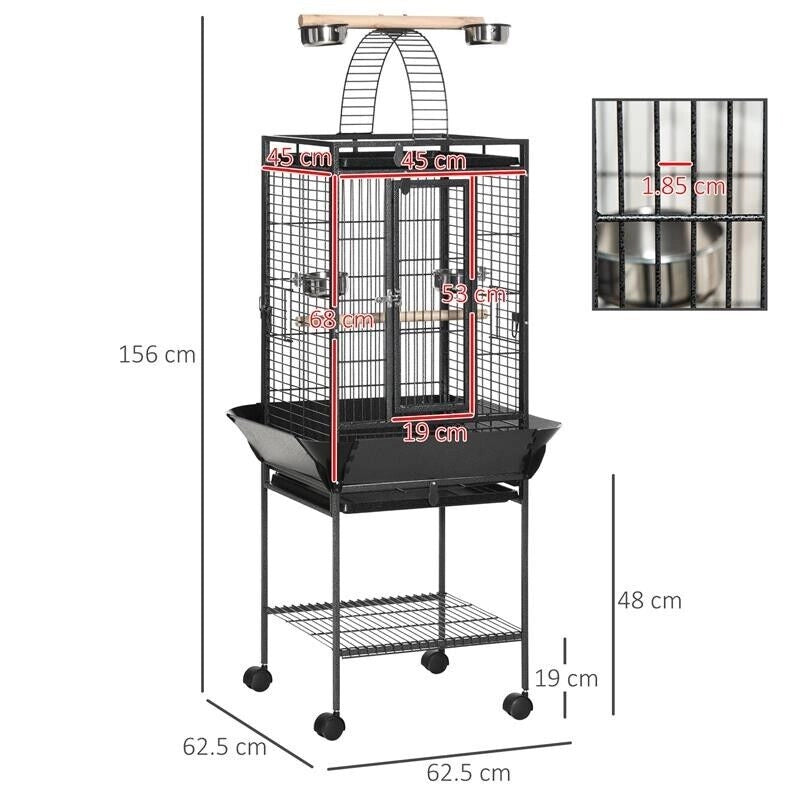 GABBIA PER PAPPAGALLINI CON 2 POSATOI E SCALA AD ARCO, IN ACCIAIO, 62.5X62.5X156 CM, GRIGIA