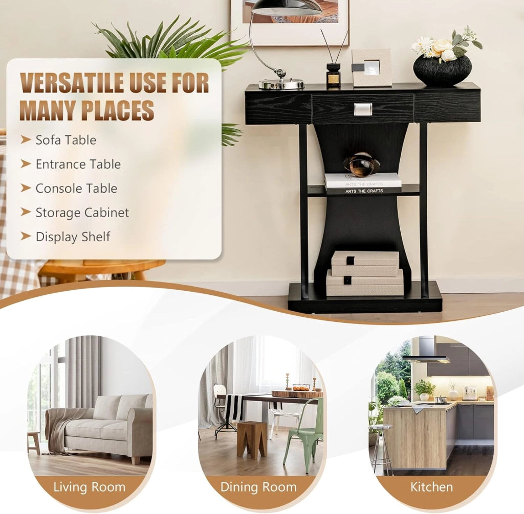 Tavolo consolle in legno vintage con cassetti e 2 ripiani, tavolo da pavimento industriale con telaio in metallo, tavolino sottile con protezione antiribaltamento, 91 x 30 x 88 cm (nero)