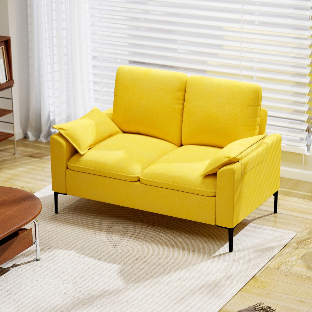 Divano 2 Posti Moderno con Cuscini e Rivestimento in Tessuto Spugna, 130x77x84 cm, Giallo