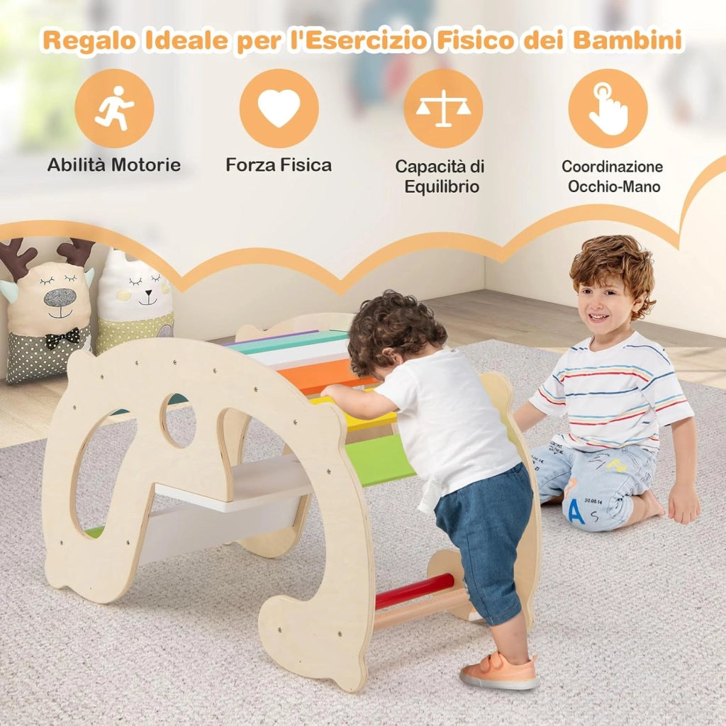 2 in 1 Arco da Arrampicata per Bambini, Arrampicata ad Arco con Dondolo Schienale e Sedile, Cavallo a Dondolo in Legno per Bambini 1 Anni +