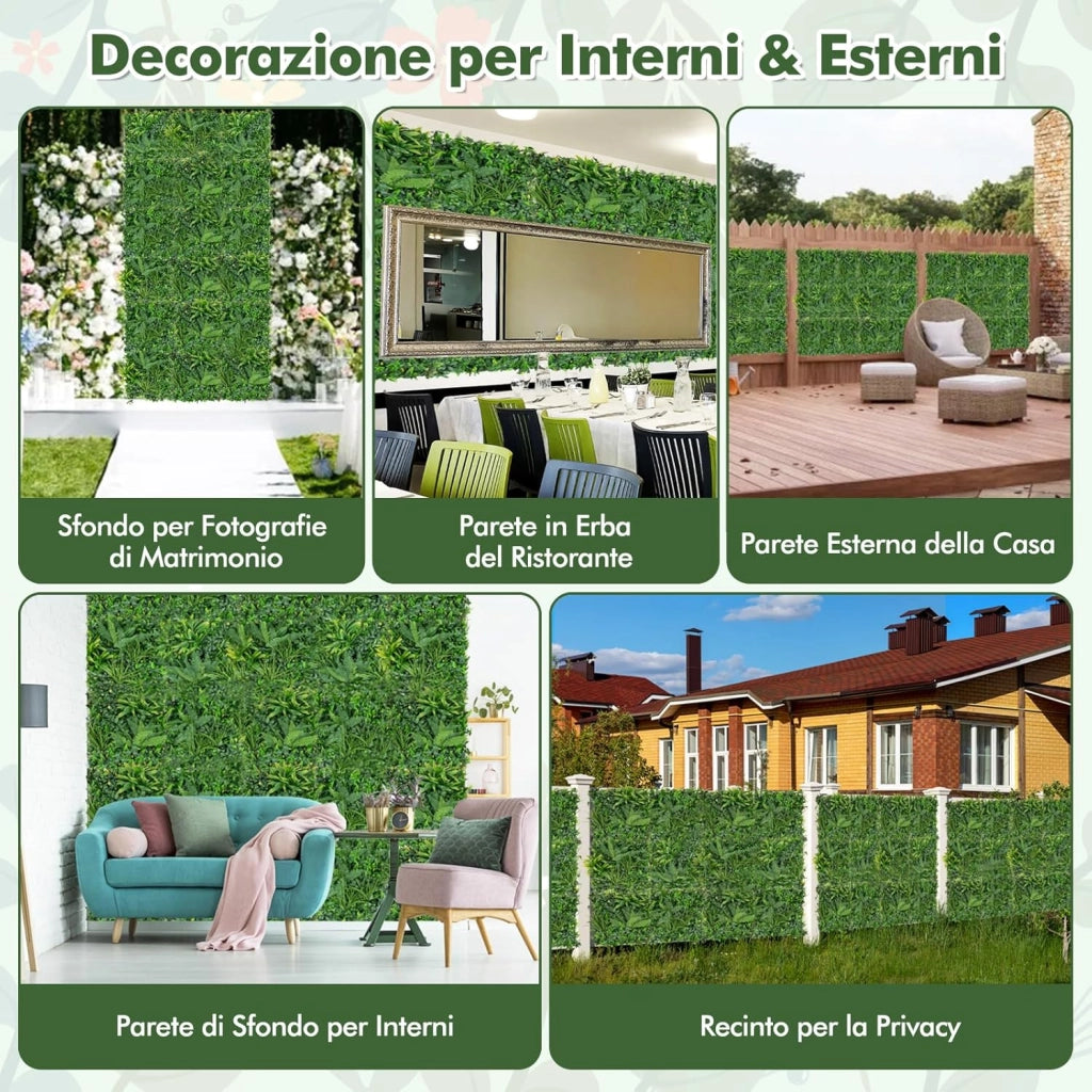 Pianta Finta 50 x 50 cm 4 Pezzi, Piante Artificiali da Interno ed Esterno, 4 Tappetini Erbosi Finti con Foglie Diverse per Decorazione da Giardino e Salotto