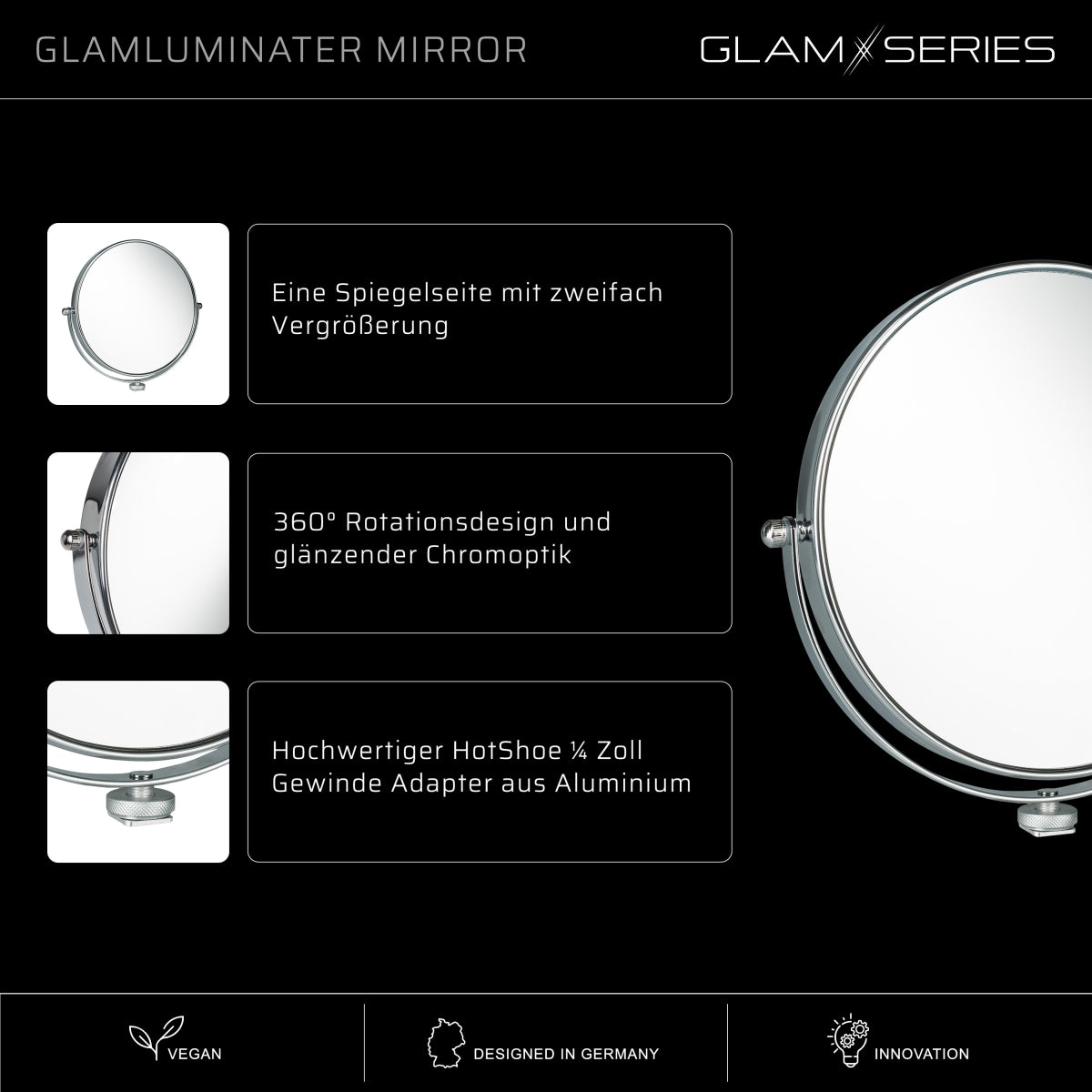 GlamSeries GlamLuminater Specchio per trucco con rotazione a 360° per braccio aggiuntivo, specchio makeup con doppio ingrandimento per luce LED