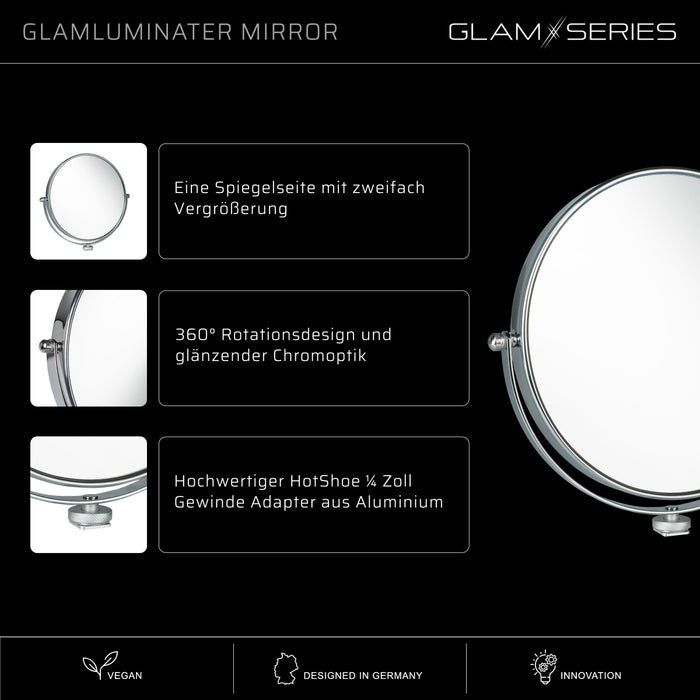 GlamSeries GlamLuminater Specchio per trucco con rotazione a 360° per braccio aggiuntivo, specchio makeup con doppio ingrandimento per luce LED