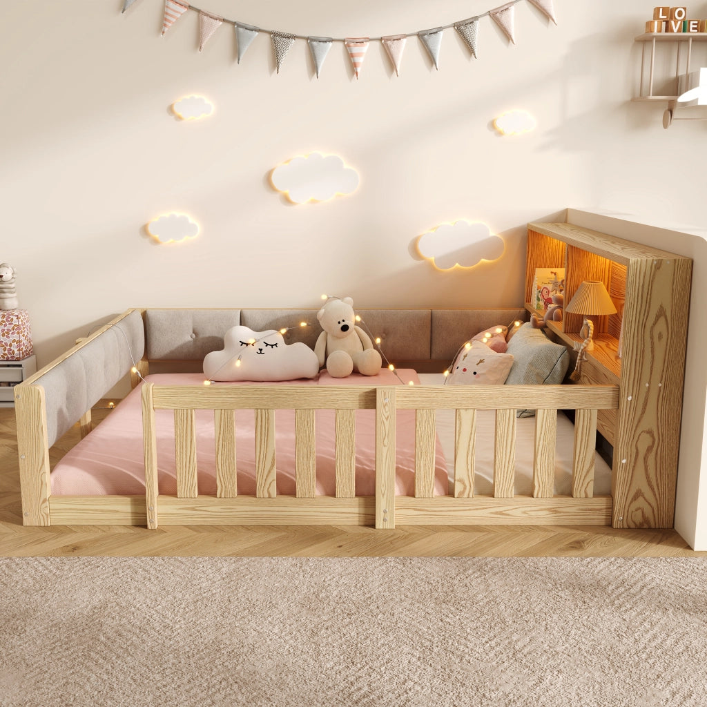 Letto per bambini 140×200 cm con testiera contenitore; sponde di sicurezza e LED; senza materasso; naturale