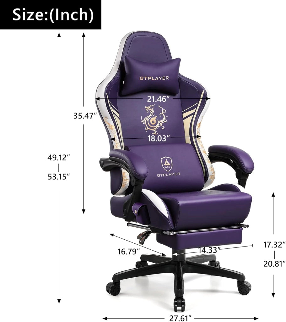 Sedia Gaming Ergonomica Poltrone con Altoparlanti Bluetooth e Poggiapiedi Sedia Gamer Reclinabile Serie Dragon Sedia Ufficio con Poggiatesta e Cuscino Lombare per Lavoro e Gioco Viola