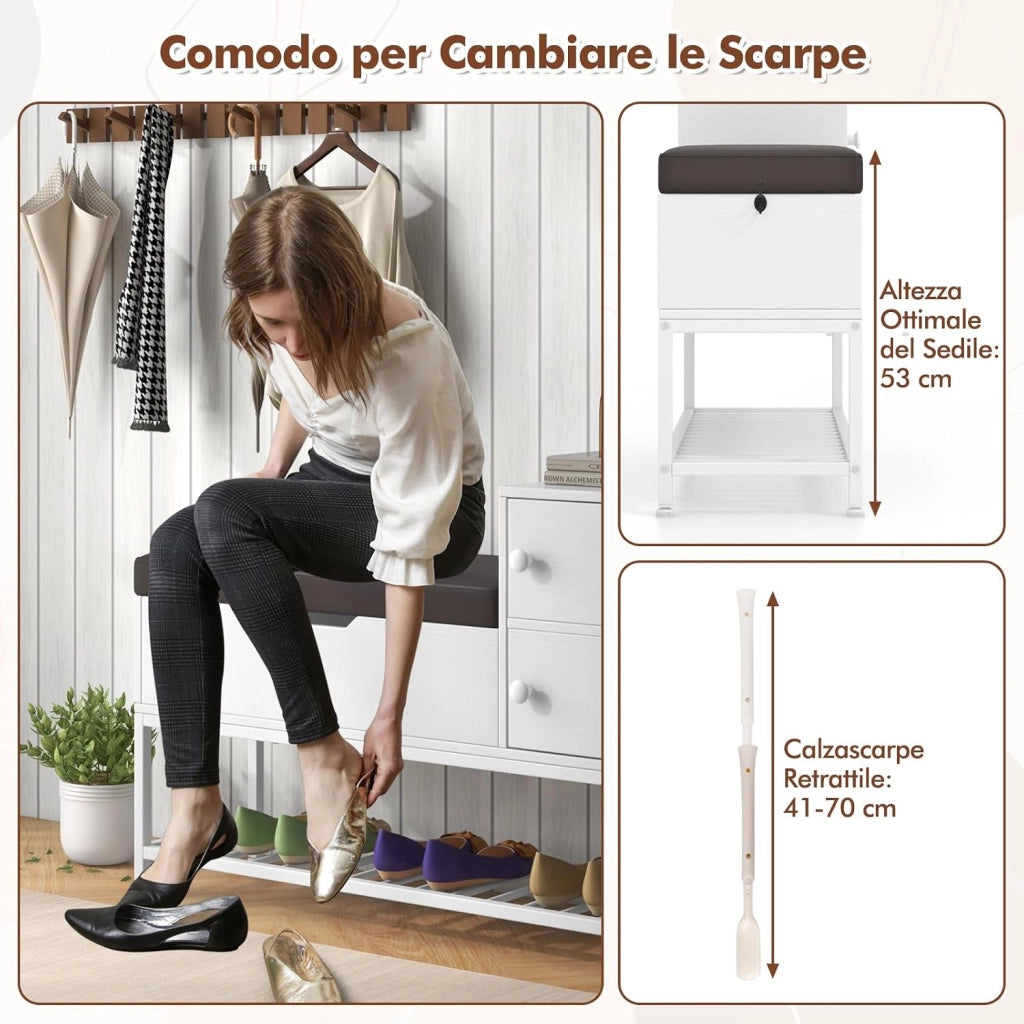 Panchina da Ingresso, Panca Porta Scarpe con Vano a Ribalta e 2 Armadietti, con Seduta Scarpiera Laterale e Calzascarpe Estraibile, per Corridoio Soggiorno