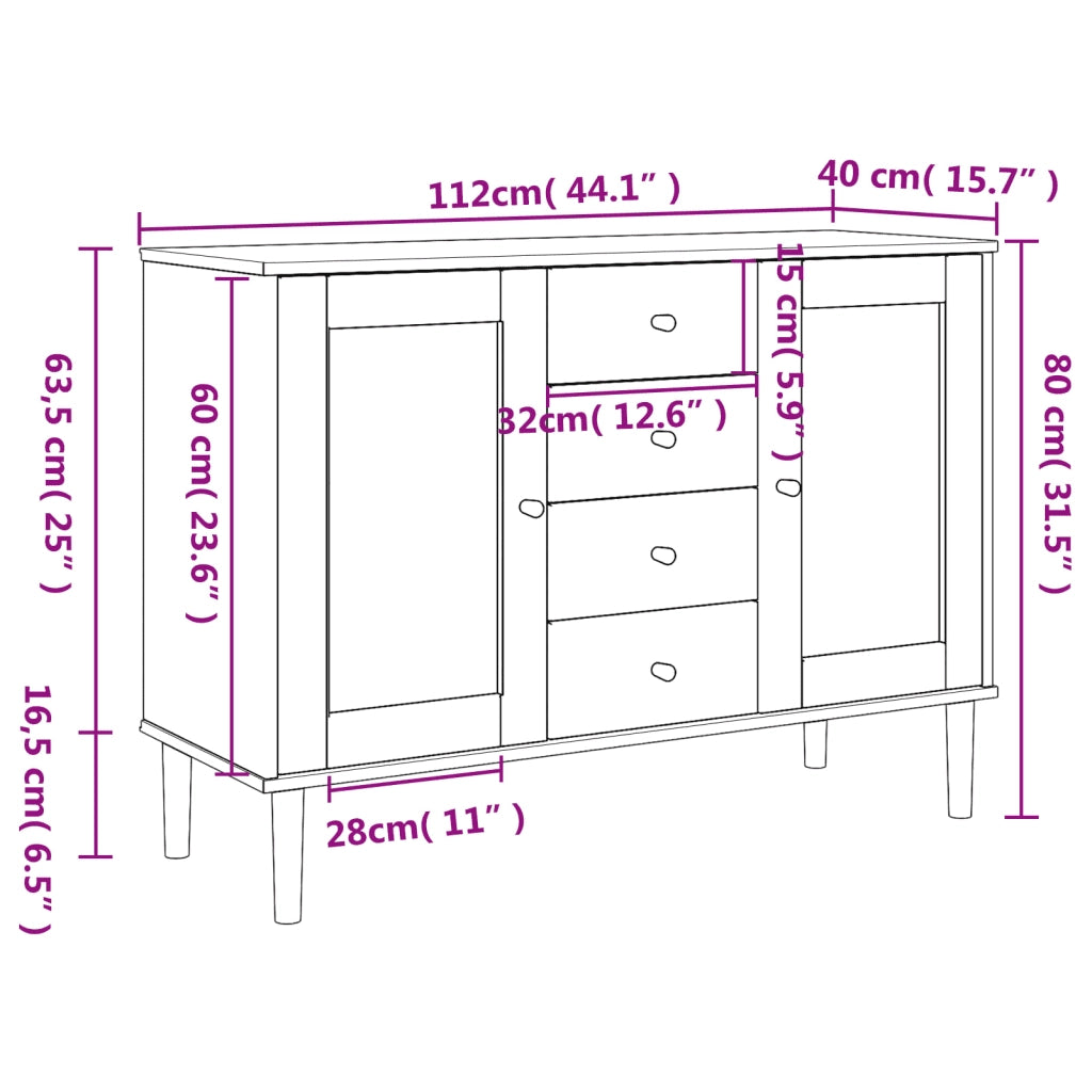 Credenza SENJA Aspetto Rattan Bianco 112x40x80 cm Massello Pino 358026