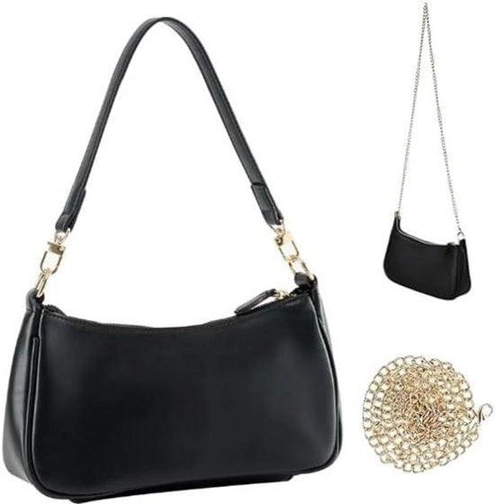 Borsa da Spalla Femminile in Pelle PU Nero con Diversi Comparti - Borsa da Mano Stilosa con Comparti per Carte