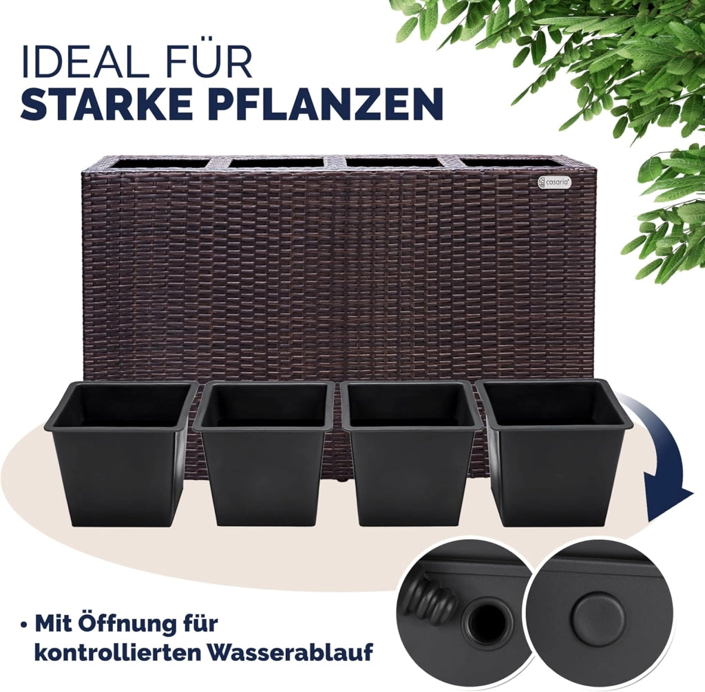 Fioriera Rettangolare 95x27x60 cm con 4 Vasi Interni in Polyrattan con Sistema di Drenaggio Fioriere Porta Vaso da Fiori Piante Divisorio Giardino Balcone Terrazza Marrone