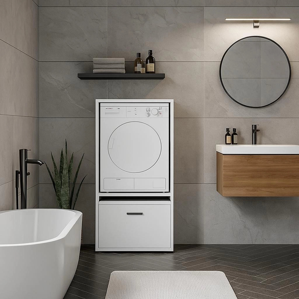 Mobile Per Lavatrice Asciugatrice Armadio Mobiletto Bagno Mobili Salvaspazio Con Cassetto E Mensola Allungabile Scaffale In Legno Armadietto Per Lavanderia Coprilavatrice 70 x 146 x 64 Cm Bianco