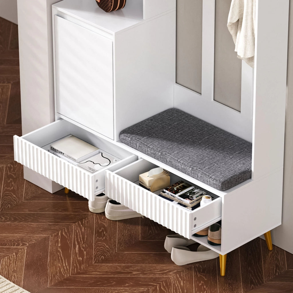 OKWISH Mobile da Ingresso con 1 Anta, 2 Cassetti, Vani Aperti, 4 Ganci e Panchina, per Ingresso, MDF, Bianco, 100×35×180 cm