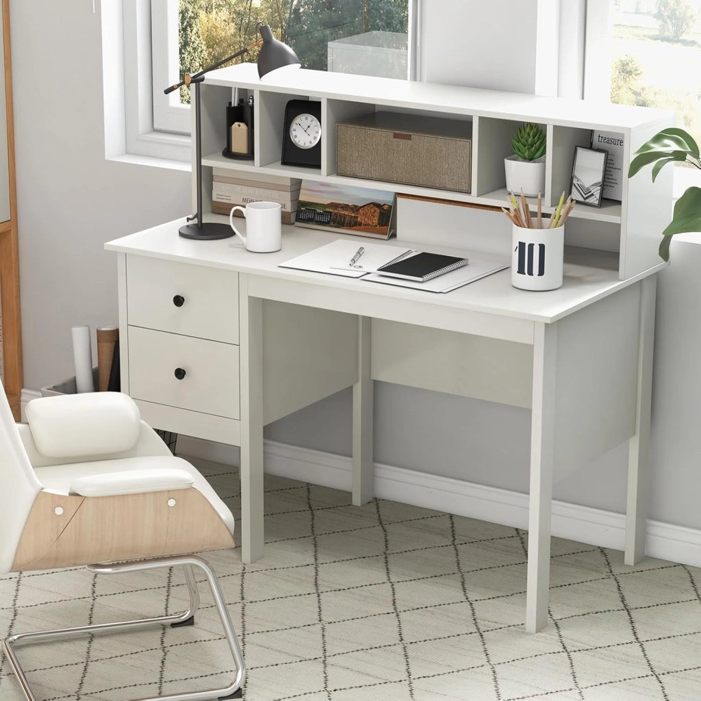 Scrivania con porte di ricarica USB, tavolo per computer da 120 cm con cassetti e cabina da 5 cubi, tavolo da studio, tavolo da lavoro per ufficio, camera da letto, bianco