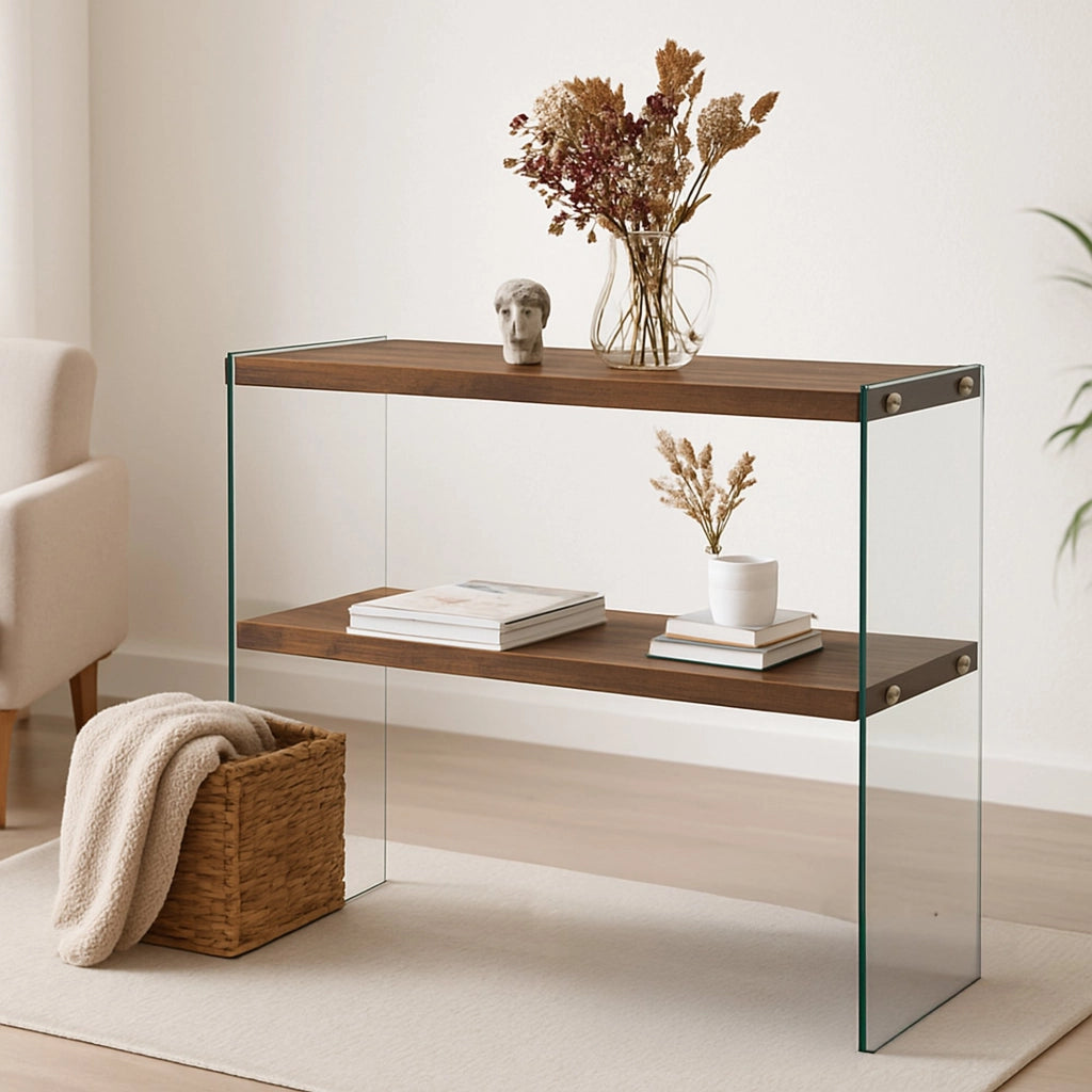 Consolle Doha, Tavolo multiuso, Mobiletto d'appoggio, Scrivania da corridoio, 90x30h80 cm, Noce