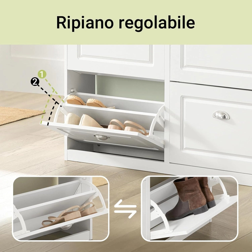 Scarpiera Salvaspazio Slim Mobiletto da Ingresso con 4 Ante a Ribalta, Armadio Portascarpe Scarpiera Moderna per Ingresso, Corridoio o Camera da Letto 105x24x83cm Bianca FSR79-W
