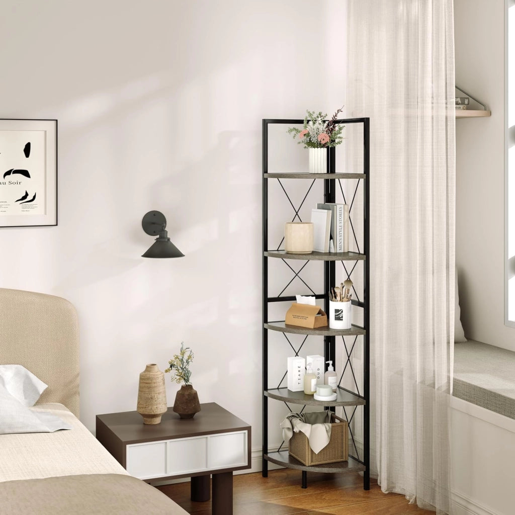 Scaffale Angolare, Libreria Industriale a 5 Ripiani con Struttura in Metallo, Libreria a Scale per Soggiorno Ufficio Cucina Spazi Piccoli, 35x35x160 cm (Grigio Rovere)